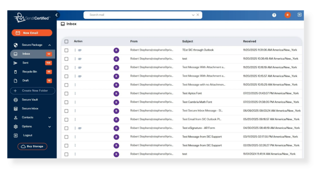 SendItCertified secure inbox showing encrypted messages delivered through secure links instead of email