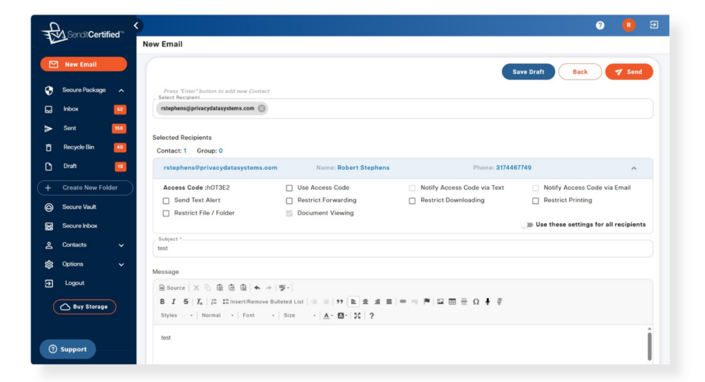 SendItCertified compose screen for creating a new encrypted SecurePackage with message and file attachments