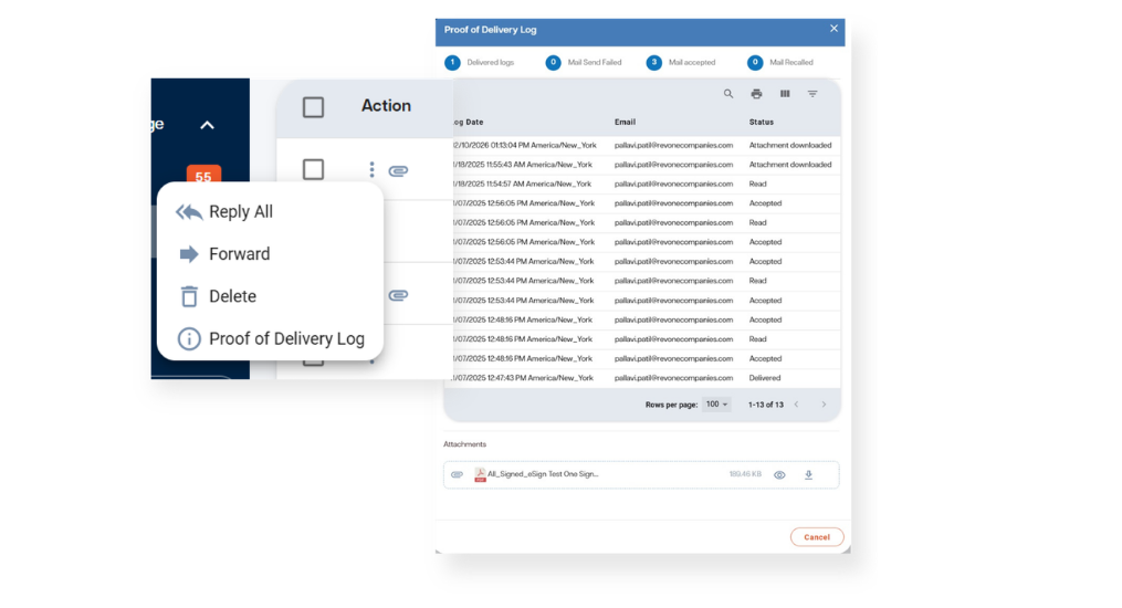 SendItCertified proof of delivery report showing timestamped access logs and audit trail