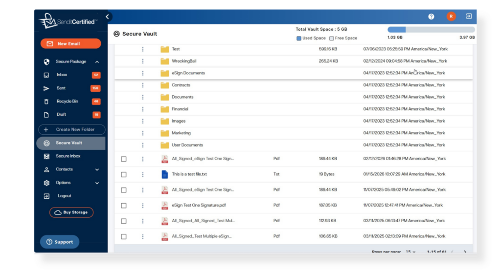 SendItCertified SecureVault interface where recipients verify identity and access encrypted files securely