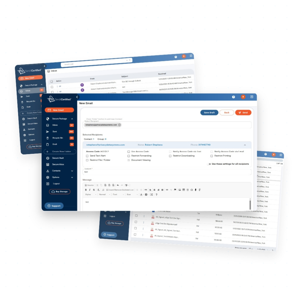 SendItCertified product suite logos including SecurePackage SecureSignature SecureVault and SecureInbox